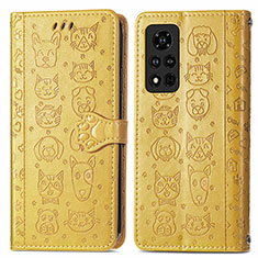 Leather Case Stands Fashionable Pattern Flip Cover Holder S03D for Huawei Honor V40 5G Yellow