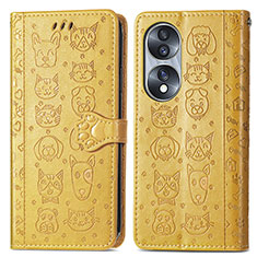 Leather Case Stands Fashionable Pattern Flip Cover Holder S03D for Huawei Honor X7b Yellow