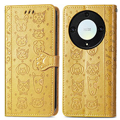 Leather Case Stands Fashionable Pattern Flip Cover Holder S03D for Huawei Honor X9a 5G Yellow