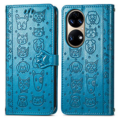 Leather Case Stands Fashionable Pattern Flip Cover Holder S03D for Huawei P50 Blue