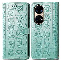 Leather Case Stands Fashionable Pattern Flip Cover Holder S03D for Huawei P50 Green