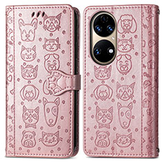 Leather Case Stands Fashionable Pattern Flip Cover Holder S03D for Huawei P50 Rose Gold