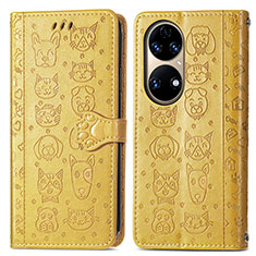 Leather Case Stands Fashionable Pattern Flip Cover Holder S03D for Huawei P50 Yellow