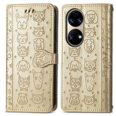 Leather Case Stands Fashionable Pattern Flip Cover Holder S03D for Huawei P50e Gold