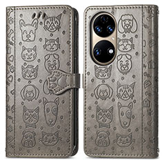 Leather Case Stands Fashionable Pattern Flip Cover Holder S03D for Huawei P50e Gray