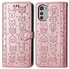 Leather Case Stands Fashionable Pattern Flip Cover Holder S03D for Motorola Moto E32s Rose Gold