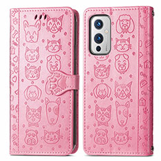 Leather Case Stands Fashionable Pattern Flip Cover Holder S03D for OnePlus 9 5G Pink