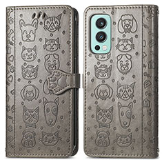 Leather Case Stands Fashionable Pattern Flip Cover Holder S03D for OnePlus Nord 2 5G Gray