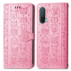 Leather Case Stands Fashionable Pattern Flip Cover Holder S03D for OnePlus Nord CE 5G Pink