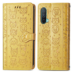 Leather Case Stands Fashionable Pattern Flip Cover Holder S03D for OnePlus Nord CE 5G Yellow