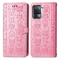 Leather Case Stands Fashionable Pattern Flip Cover Holder S03D for Oppo Reno5 F Pink
