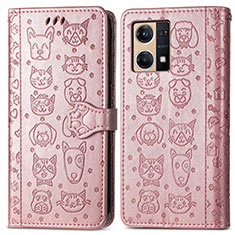 Leather Case Stands Fashionable Pattern Flip Cover Holder S03D for Oppo Reno7 4G Rose Gold