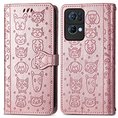 Leather Case Stands Fashionable Pattern Flip Cover Holder S03D for Oppo Reno7 Pro 5G Rose Gold