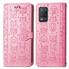 Leather Case Stands Fashionable Pattern Flip Cover Holder S03D for Realme 9 5G India Pink