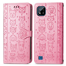 Leather Case Stands Fashionable Pattern Flip Cover Holder S03D for Realme C20 Pink