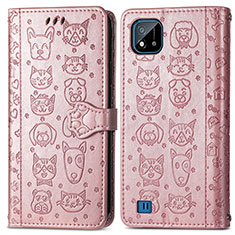 Leather Case Stands Fashionable Pattern Flip Cover Holder S03D for Realme C20A Rose Gold