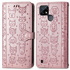 Leather Case Stands Fashionable Pattern Flip Cover Holder S03D for Realme C21Y Rose Gold