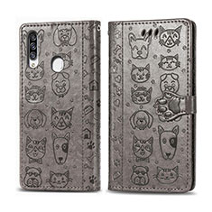 Leather Case Stands Fashionable Pattern Flip Cover Holder S03D for Samsung Galaxy A20s Gray