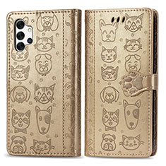 Leather Case Stands Fashionable Pattern Flip Cover Holder S03D for Samsung Galaxy A32 5G Gold