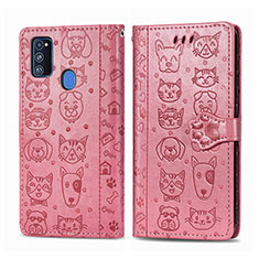 Leather Case Stands Fashionable Pattern Flip Cover Holder S03D for Samsung Galaxy M21 Rose Gold