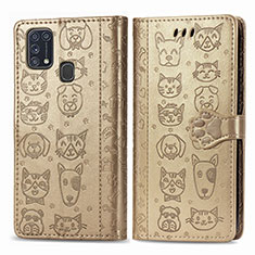 Leather Case Stands Fashionable Pattern Flip Cover Holder S03D for Samsung Galaxy M31 Prime Edition Gold