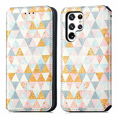 Leather Case Stands Fashionable Pattern Flip Cover Holder S03D for Samsung Galaxy S23 Ultra 5G White