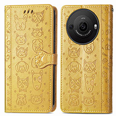 Leather Case Stands Fashionable Pattern Flip Cover Holder S03D for Sharp Aquos R8 Pro Yellow