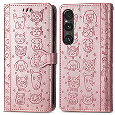 Leather Case Stands Fashionable Pattern Flip Cover Holder S03D for Sony Xperia 1 V Rose Gold