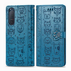 Leather Case Stands Fashionable Pattern Flip Cover Holder S03D for Sony Xperia 5 II Blue