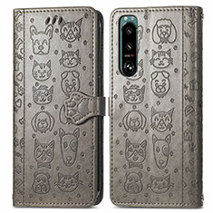 Leather Case Stands Fashionable Pattern Flip Cover Holder S03D for Sony Xperia 5 III Gray