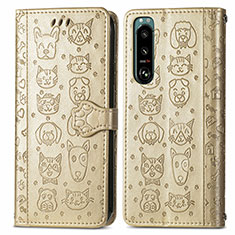 Leather Case Stands Fashionable Pattern Flip Cover Holder S03D for Sony Xperia 5 III SO-53B Gold