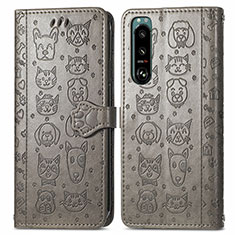 Leather Case Stands Fashionable Pattern Flip Cover Holder S03D for Sony Xperia 5 III SO-53B Gray