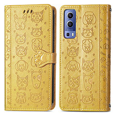 Leather Case Stands Fashionable Pattern Flip Cover Holder S03D for Vivo iQOO Z3 5G Yellow