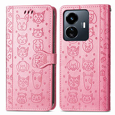 Leather Case Stands Fashionable Pattern Flip Cover Holder S03D for Vivo iQOO Z6 Lite 5G Pink