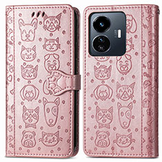 Leather Case Stands Fashionable Pattern Flip Cover Holder S03D for Vivo iQOO Z6 Lite 5G Rose Gold