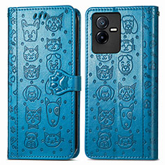 Leather Case Stands Fashionable Pattern Flip Cover Holder S03D for Vivo iQOO Z6x Blue