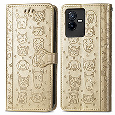 Leather Case Stands Fashionable Pattern Flip Cover Holder S03D for Vivo iQOO Z6x Gold