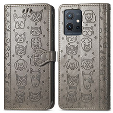 Leather Case Stands Fashionable Pattern Flip Cover Holder S03D for Vivo T1 5G India Gray