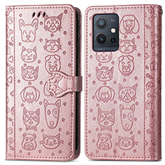 Leather Case Stands Fashionable Pattern Flip Cover Holder S03D for Vivo T1 5G India Rose Gold