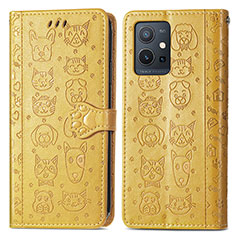 Leather Case Stands Fashionable Pattern Flip Cover Holder S03D for Vivo T1 5G India Yellow