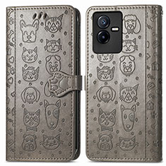 Leather Case Stands Fashionable Pattern Flip Cover Holder S03D for Vivo T2x 5G Gray