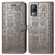 Leather Case Stands Fashionable Pattern Flip Cover Holder S03D for Vivo V21e 4G Gray