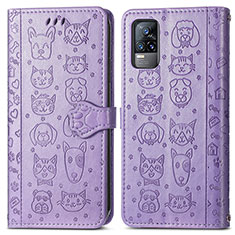 Leather Case Stands Fashionable Pattern Flip Cover Holder S03D for Vivo V21e 4G Purple