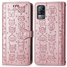 Leather Case Stands Fashionable Pattern Flip Cover Holder S03D for Vivo V21e 4G Rose Gold