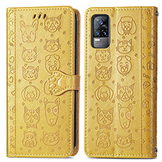 Leather Case Stands Fashionable Pattern Flip Cover Holder S03D for Vivo V21e 4G Yellow