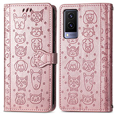 Leather Case Stands Fashionable Pattern Flip Cover Holder S03D for Vivo V21e 5G Rose Gold