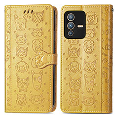 Leather Case Stands Fashionable Pattern Flip Cover Holder S03D for Vivo V23 5G Yellow