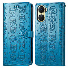 Leather Case Stands Fashionable Pattern Flip Cover Holder S03D for Vivo Y02S Blue