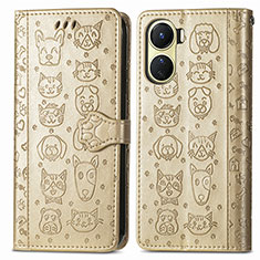 Leather Case Stands Fashionable Pattern Flip Cover Holder S03D for Vivo Y02S Gold