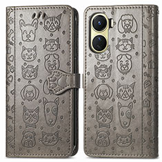 Leather Case Stands Fashionable Pattern Flip Cover Holder S03D for Vivo Y02S Gray